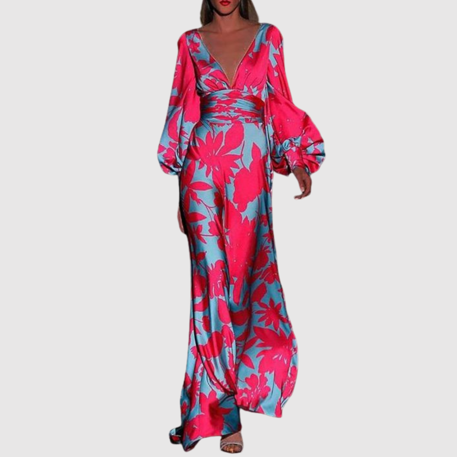 Eliška – Dlouhé šaty s tropickým potiskem a hlubokým V-dekoltem