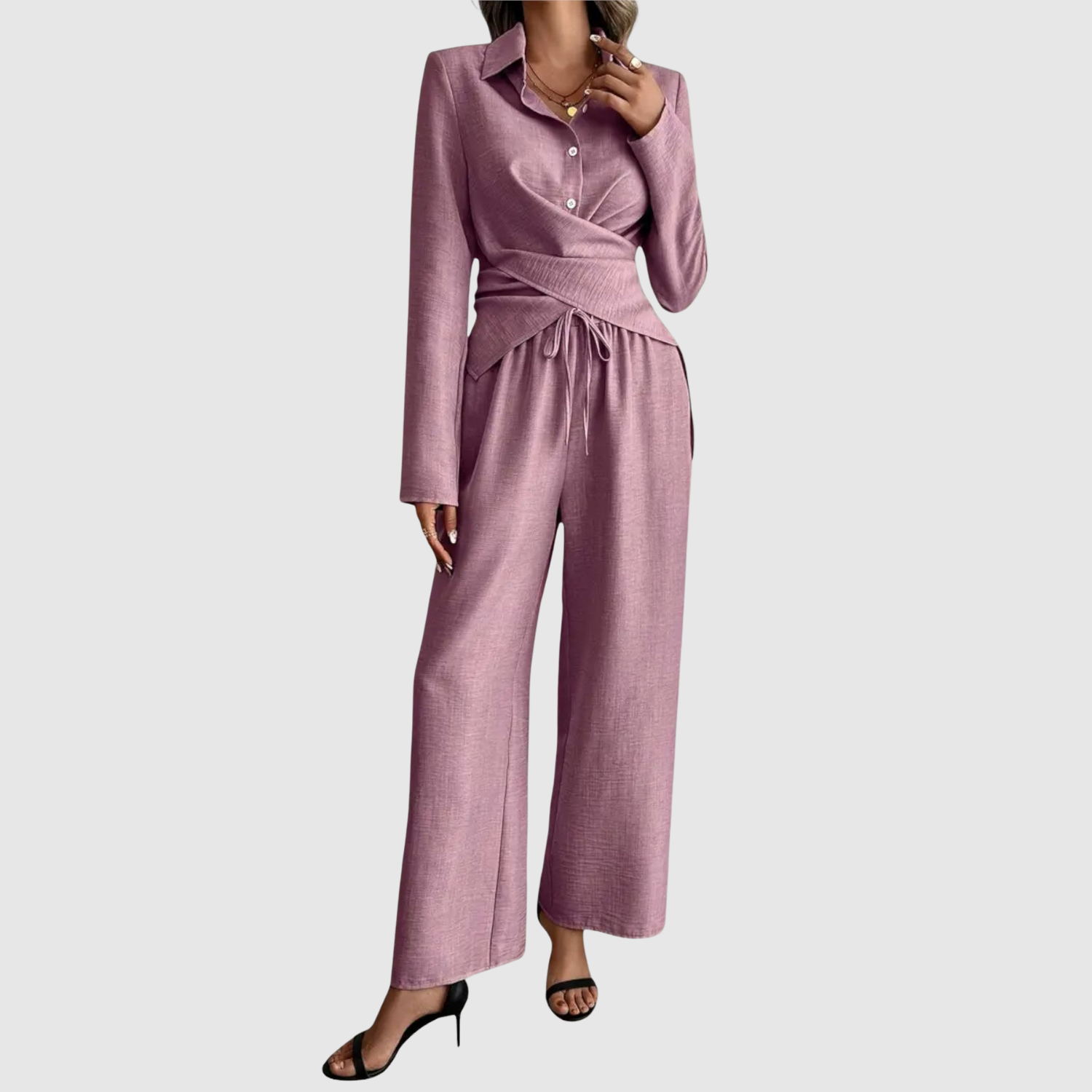 Natálie – Elegantní komplet s vázací blůzou a kalhotami