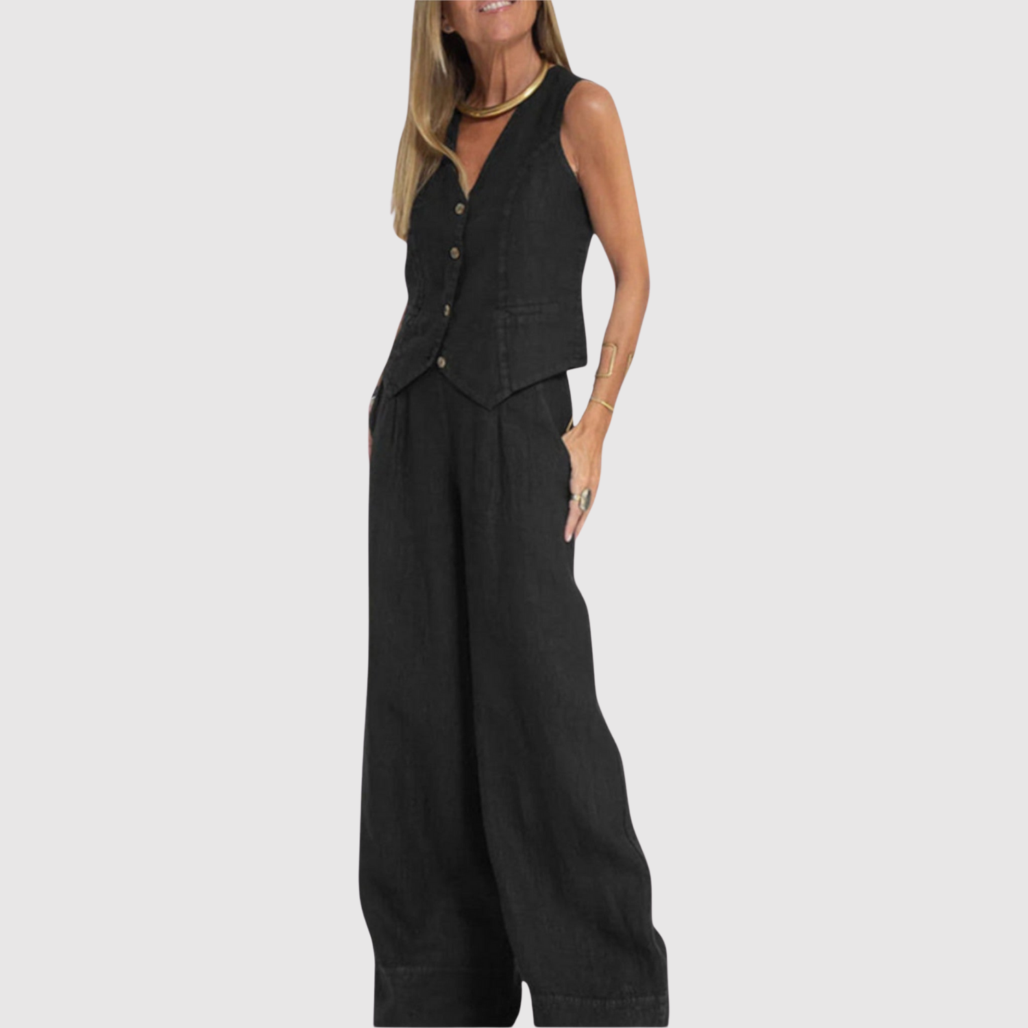 Natálie – Bezramenný komplet z overalu v lehkém materiálu