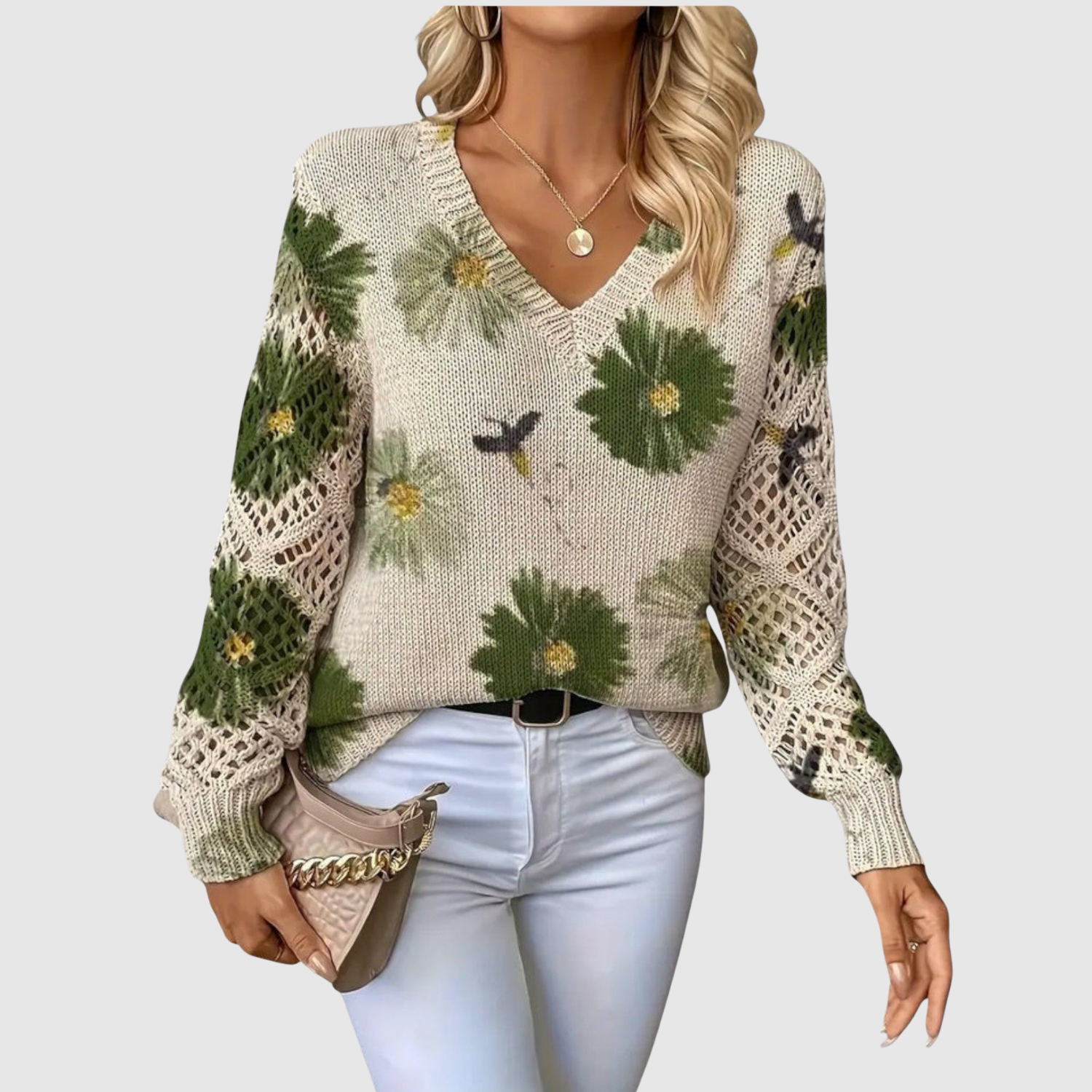 Nora – Svetřík s velkými květinami a V-čkovým výstřihem