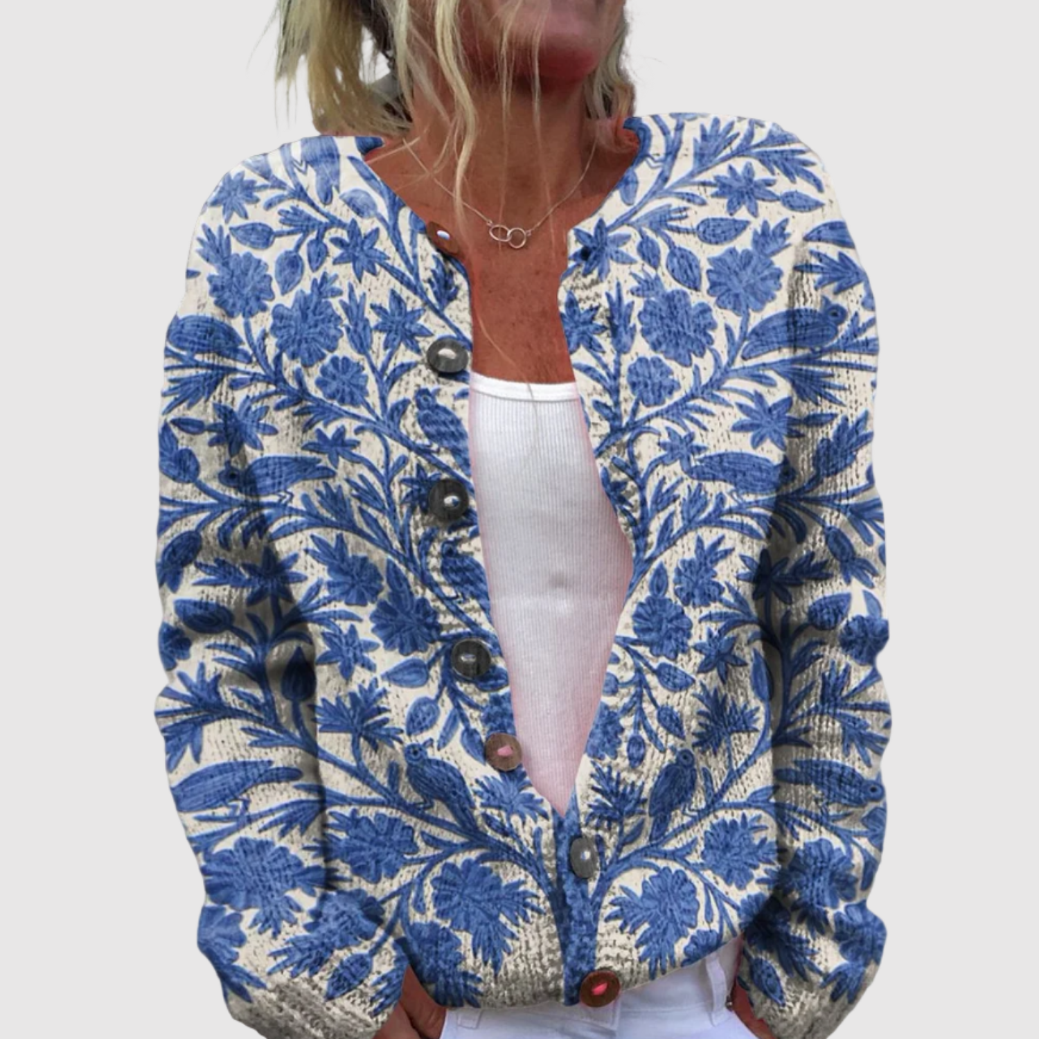 Nora – Kardigan s květinovým potiskem a knoflíky