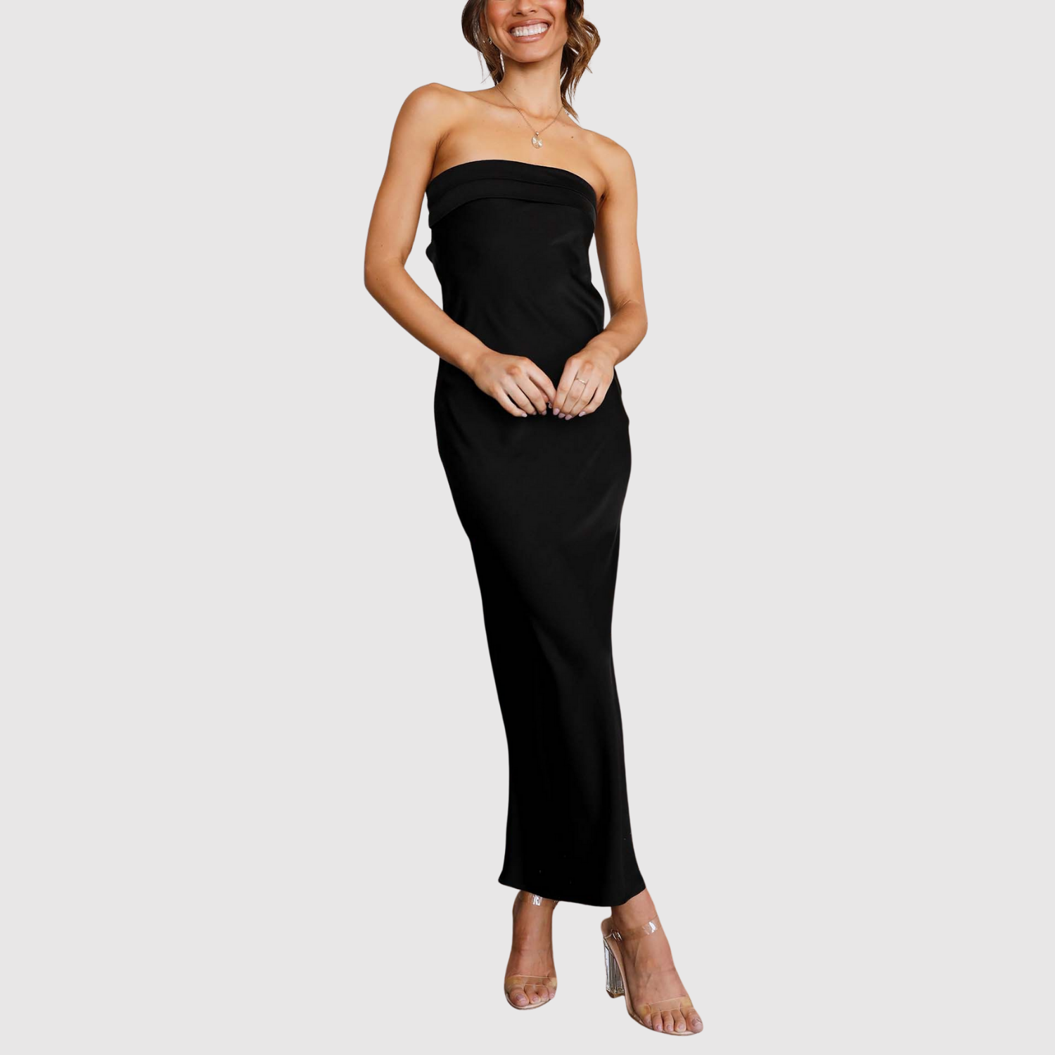 Eliška – Dlouhé šaty bez ramínek se saténovým vzhledem