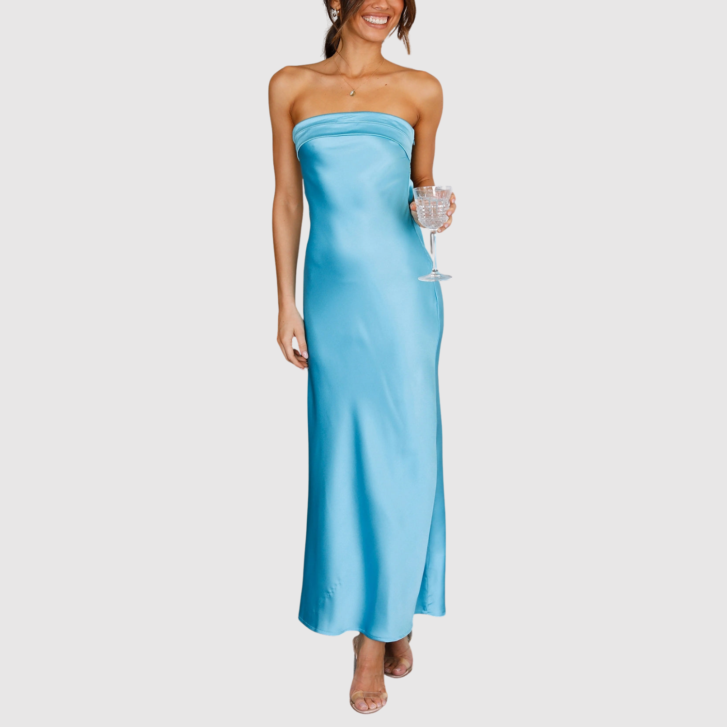 Eliška – Dlouhé šaty bez ramínek se saténovým vzhledem