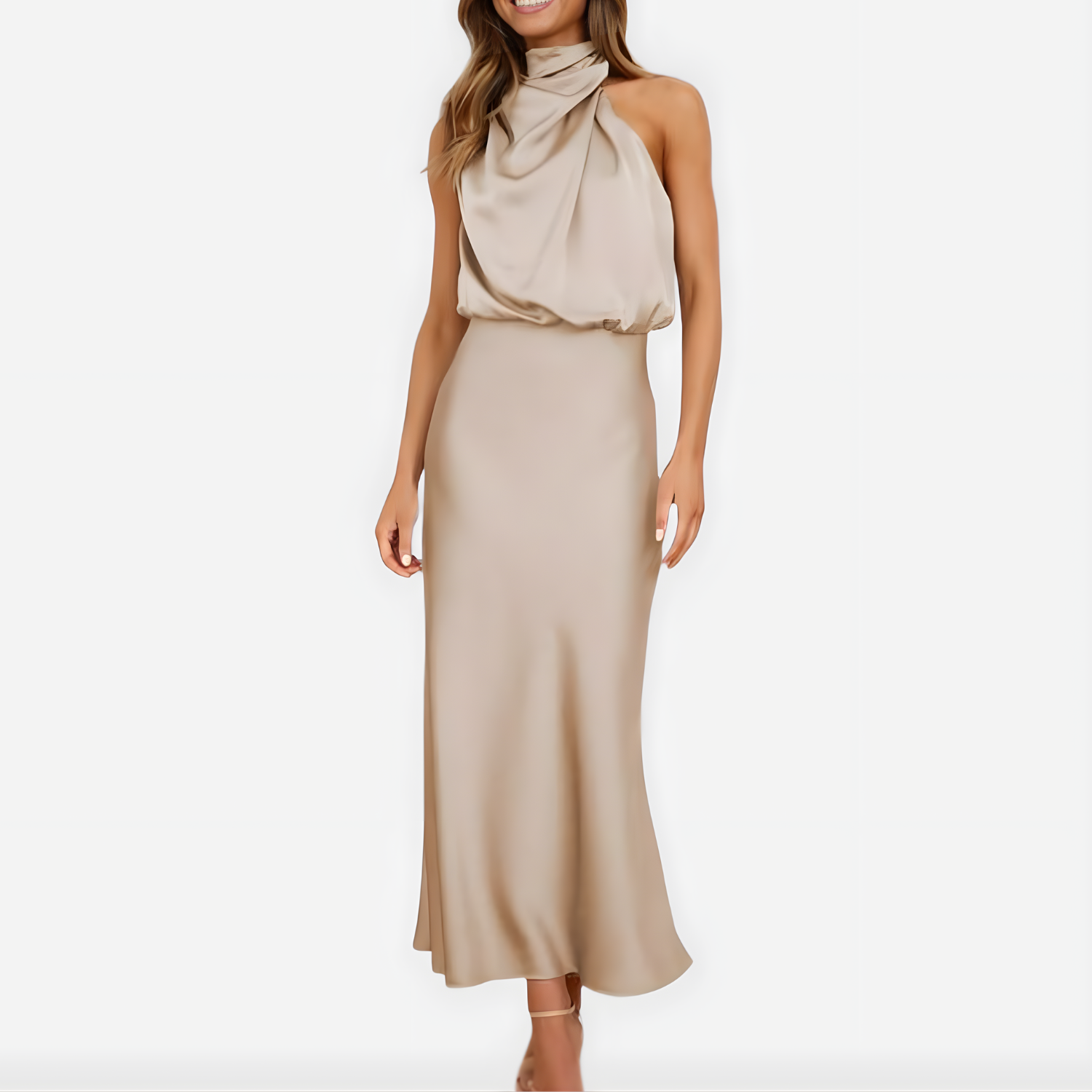 Eliška – Maxi šaty z saténu s vysokým límcem